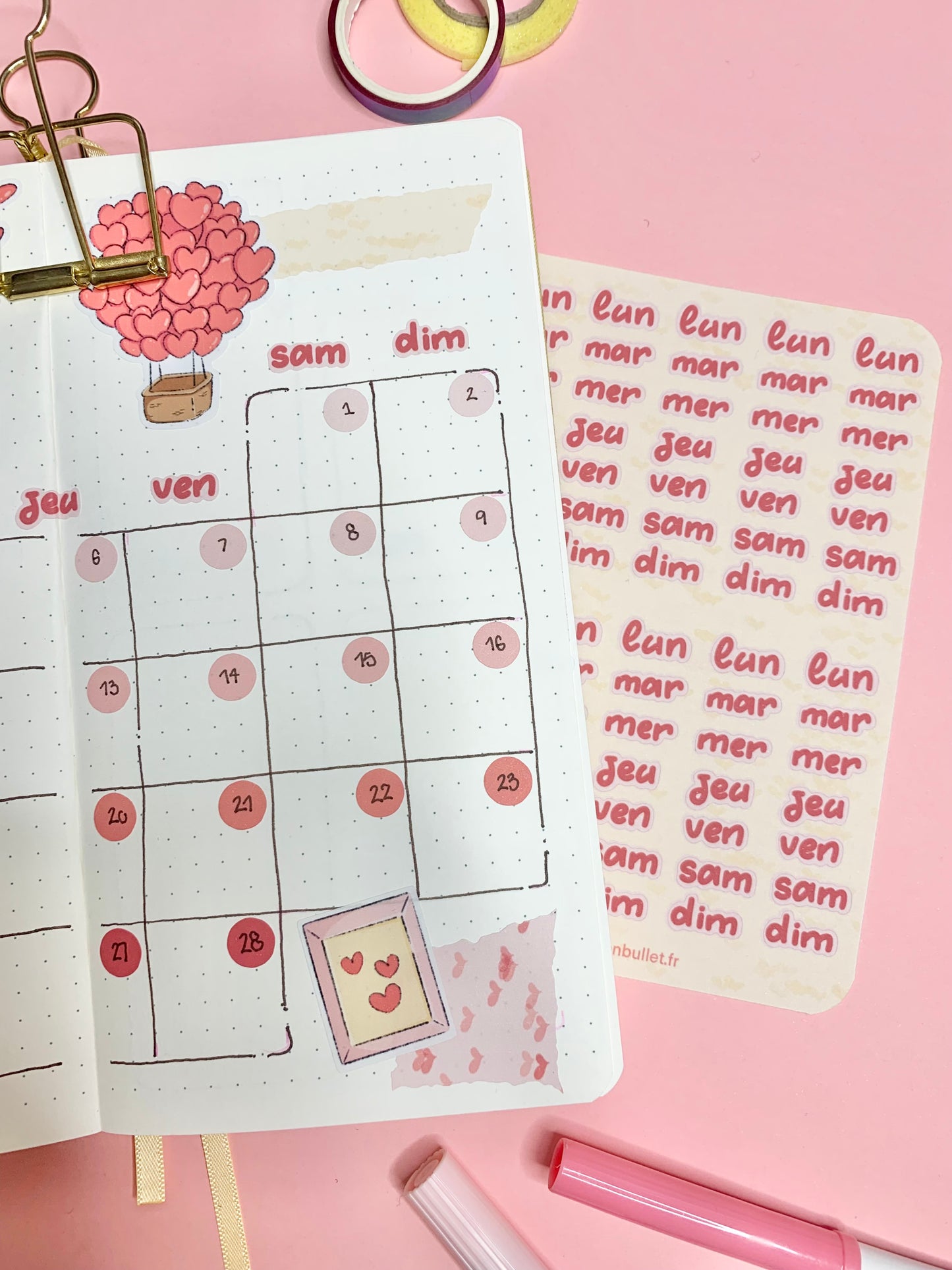 Feuille d’autocollants / stickers mat jours de la semaine « Valentine’s day » ( bullet ,journaling , déco , scrap , …etc)