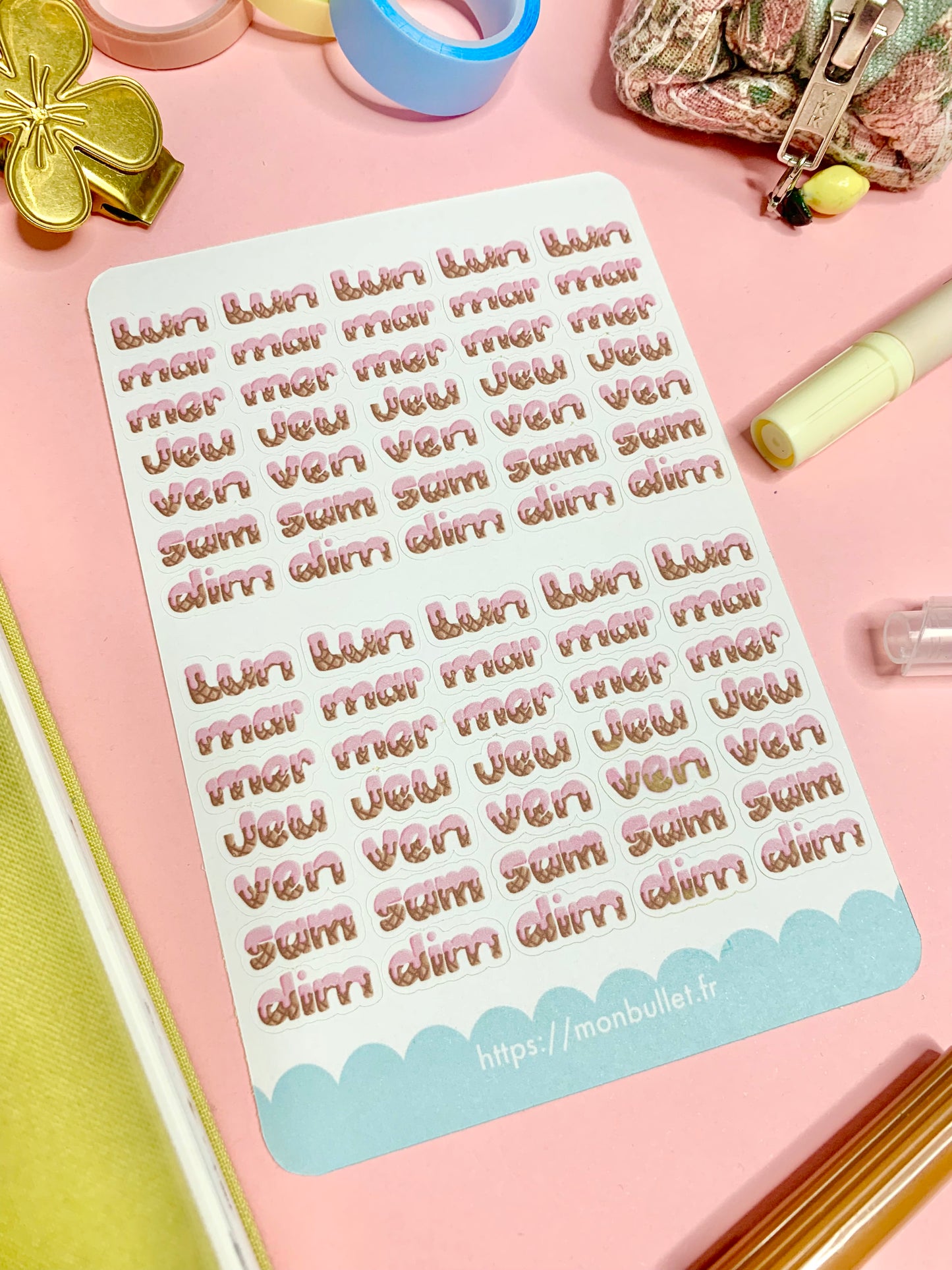 Feuille d’autocollants / stickers mat jours « Dreamy ice cream » ( bullet ,journaling , déco , scrap , …etc)