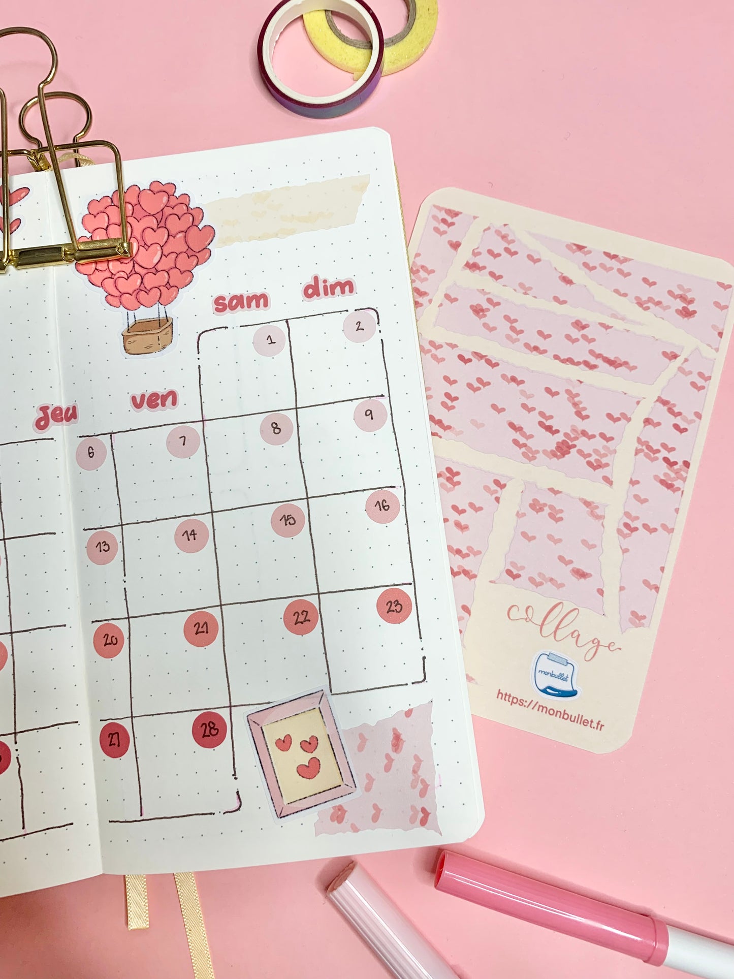Planche d’atocollant / stickers feuilles déchirées / collage mat rose « Valentine’s day » ( bullet ,journaling , déco , scrap , …etc)
