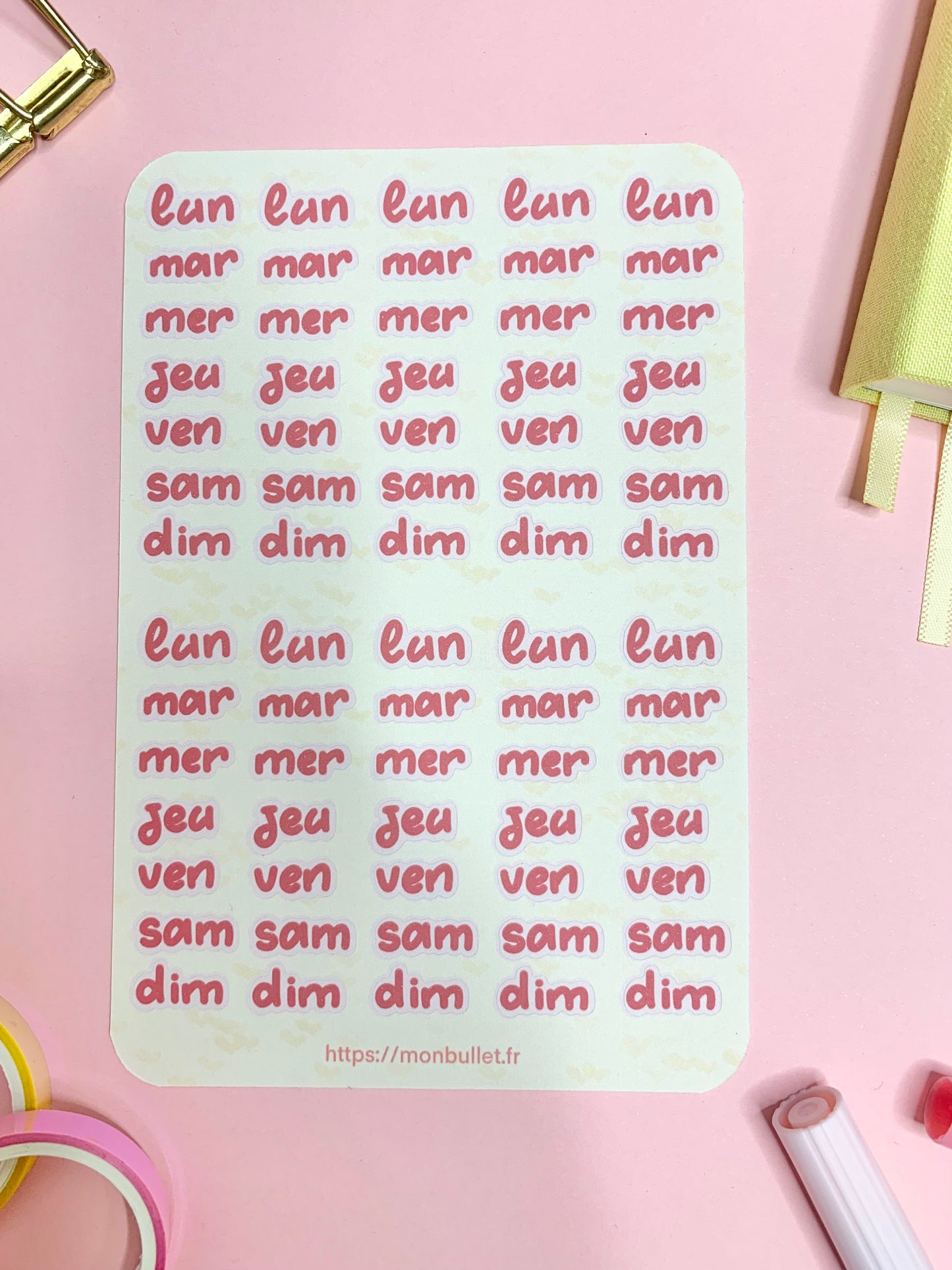 Feuille d’autocollants / stickers mat jours de la semaine « Valentine’s day » ( bullet ,journaling , déco , scrap , …etc)