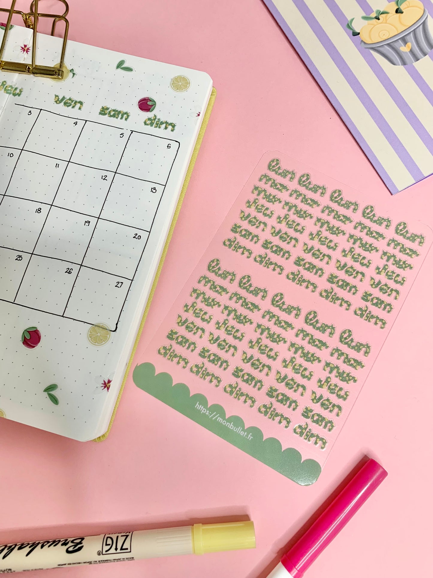 Feuille d’autocollants / stickers mat jours de la semaine « Sooooo lemony » ( bullet ,journaling , déco , scrap , …etc)