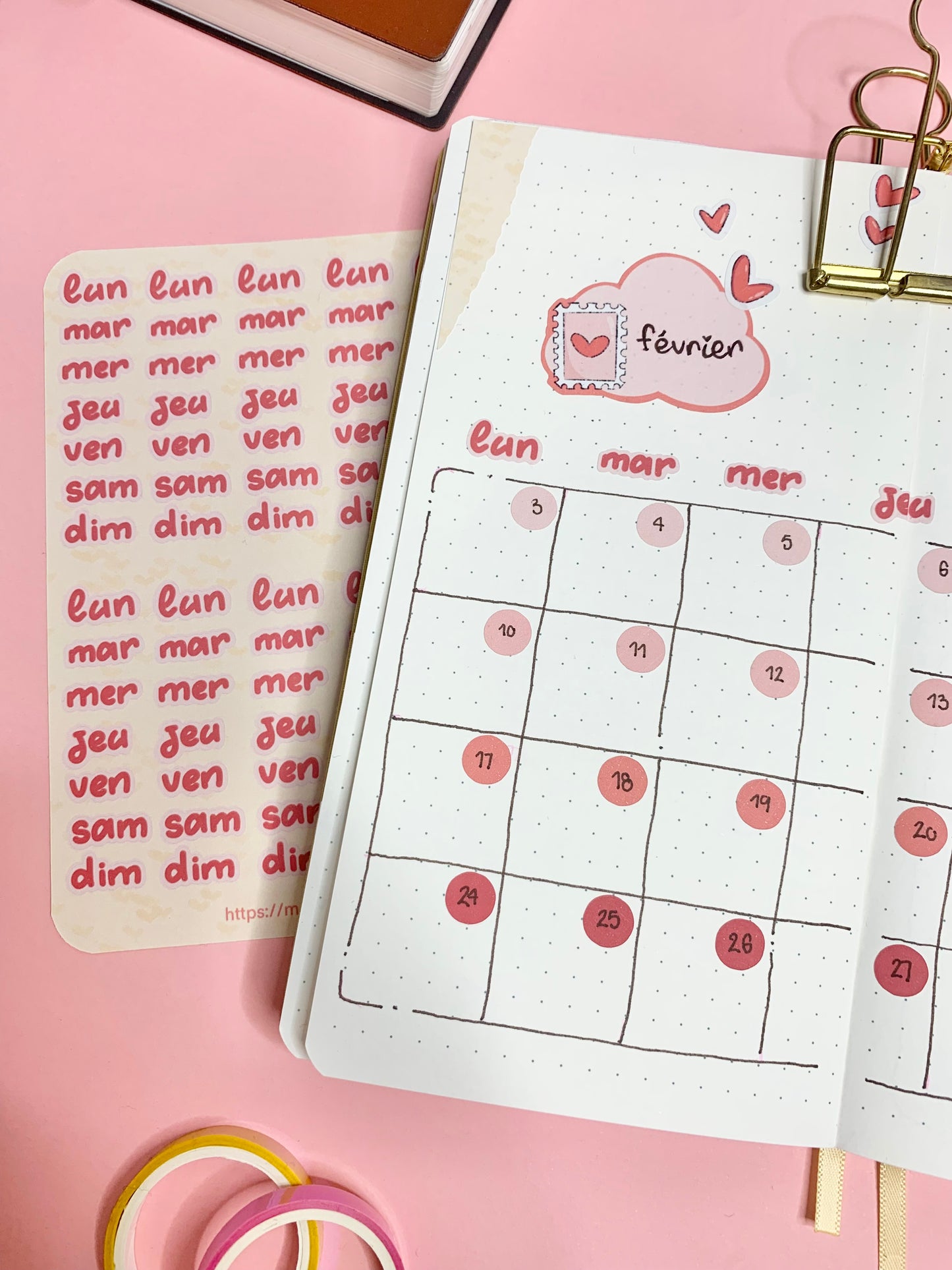 Feuille d’autocollants / stickers mat jours de la semaine « Valentine’s day » ( bullet ,journaling , déco , scrap , …etc)