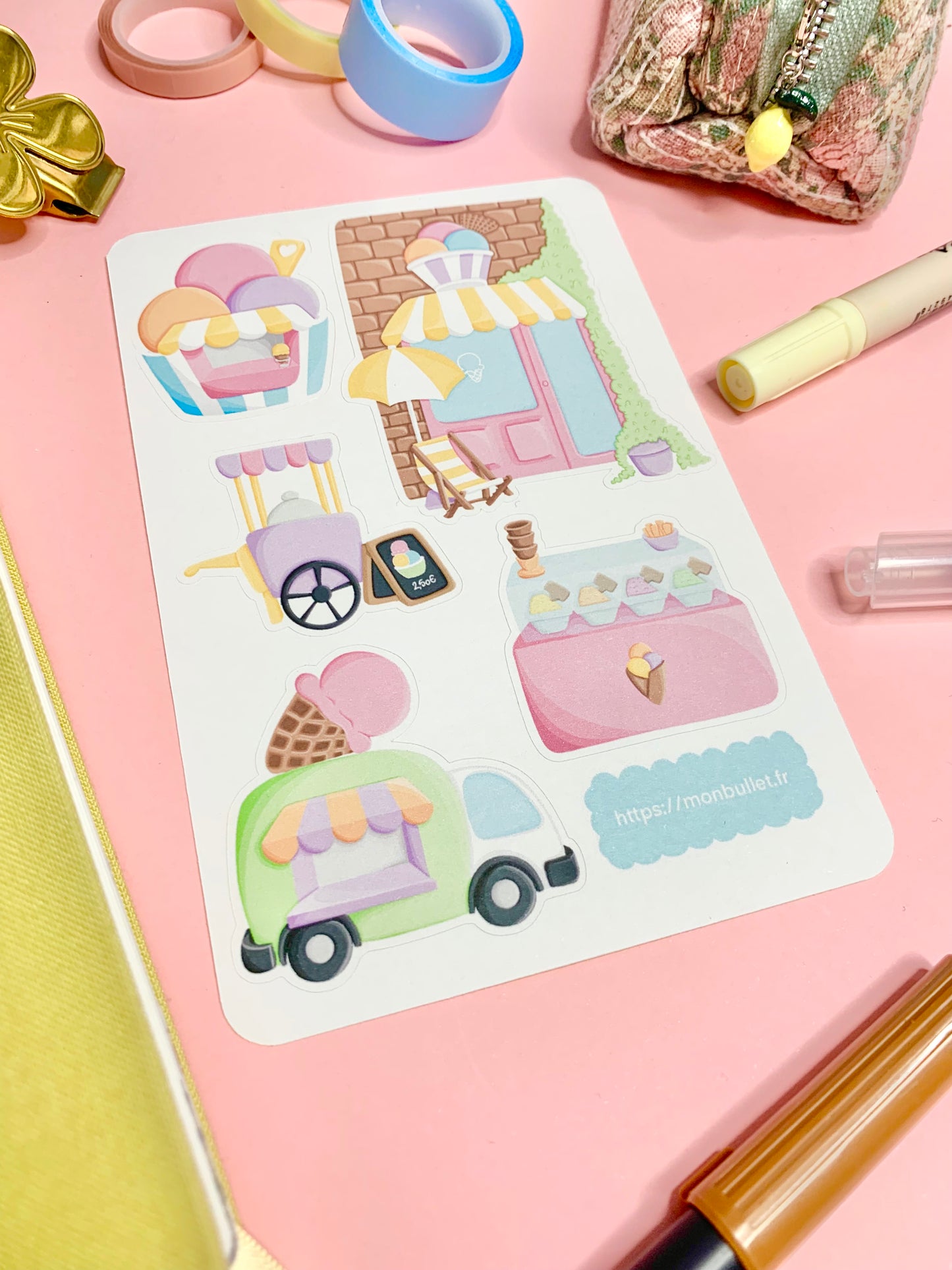 Feuille d’autocollants / stickers mat grands doodles « Dreamy ice cream » ( bullet ,journaling , déco , scrap , …etc)
