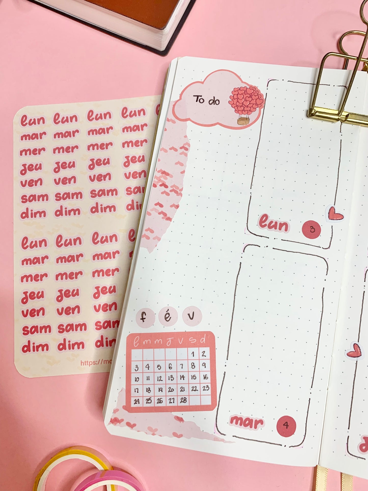 Feuille d’autocollants / stickers mat jours de la semaine « Valentine’s day » ( bullet ,journaling , déco , scrap , …etc)