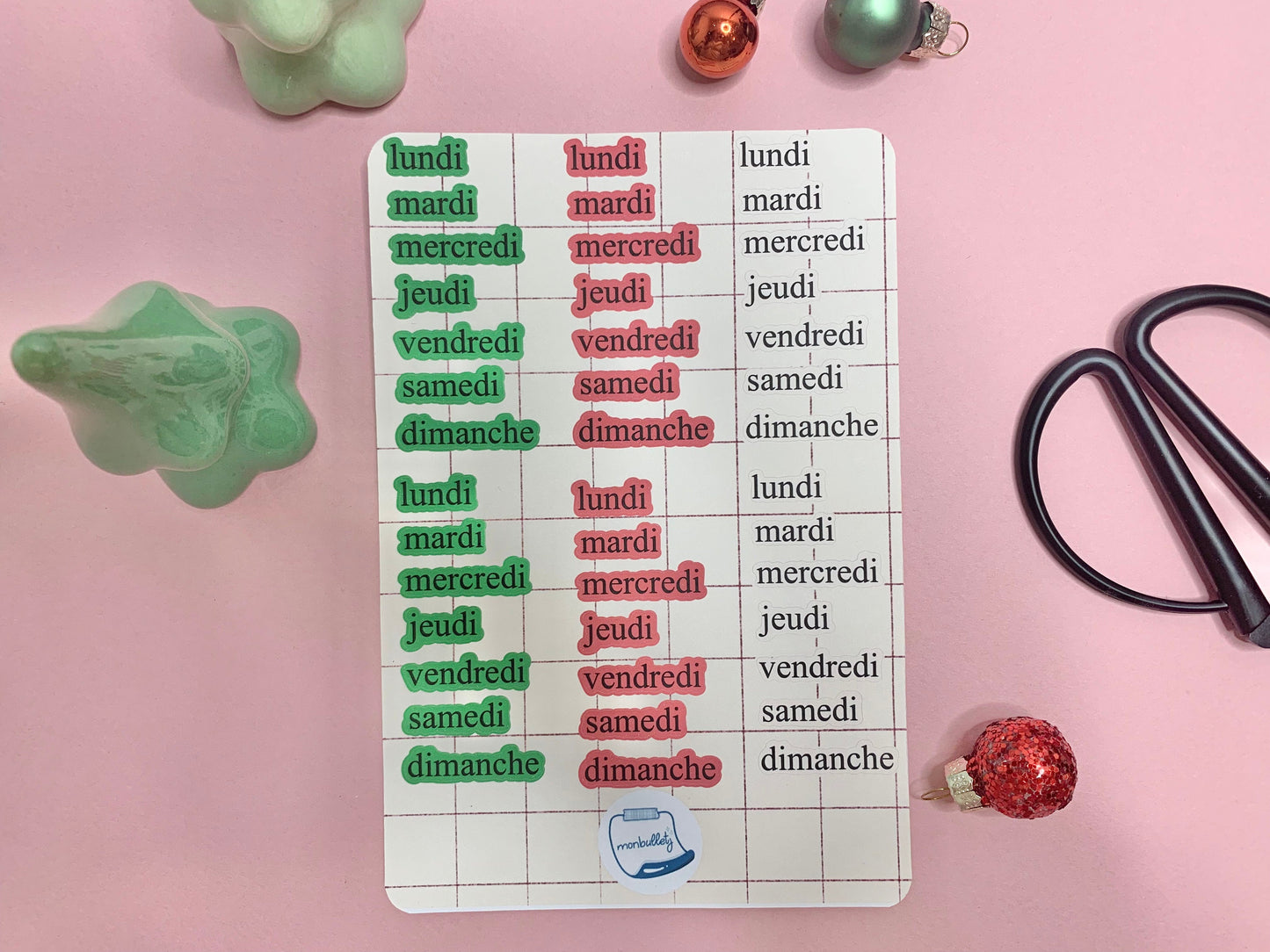 Feuille d’autocollants / stickers mat jours de la semaine Noël mood ( bullet ,journaling , déco , scrap , …etc)
