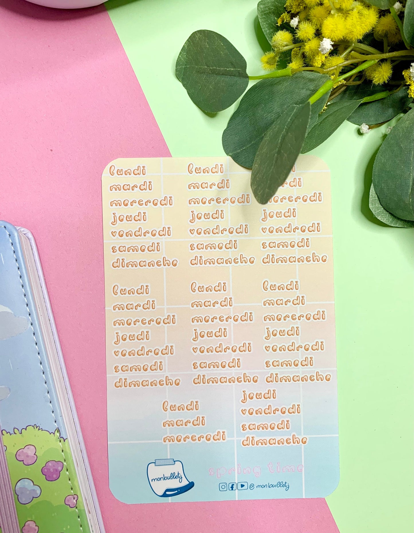 Feuille d’autocollants / stickers jours de la semaine français mat ( bullet ,journaling , déco , scrap , planner, agenda, …etc)