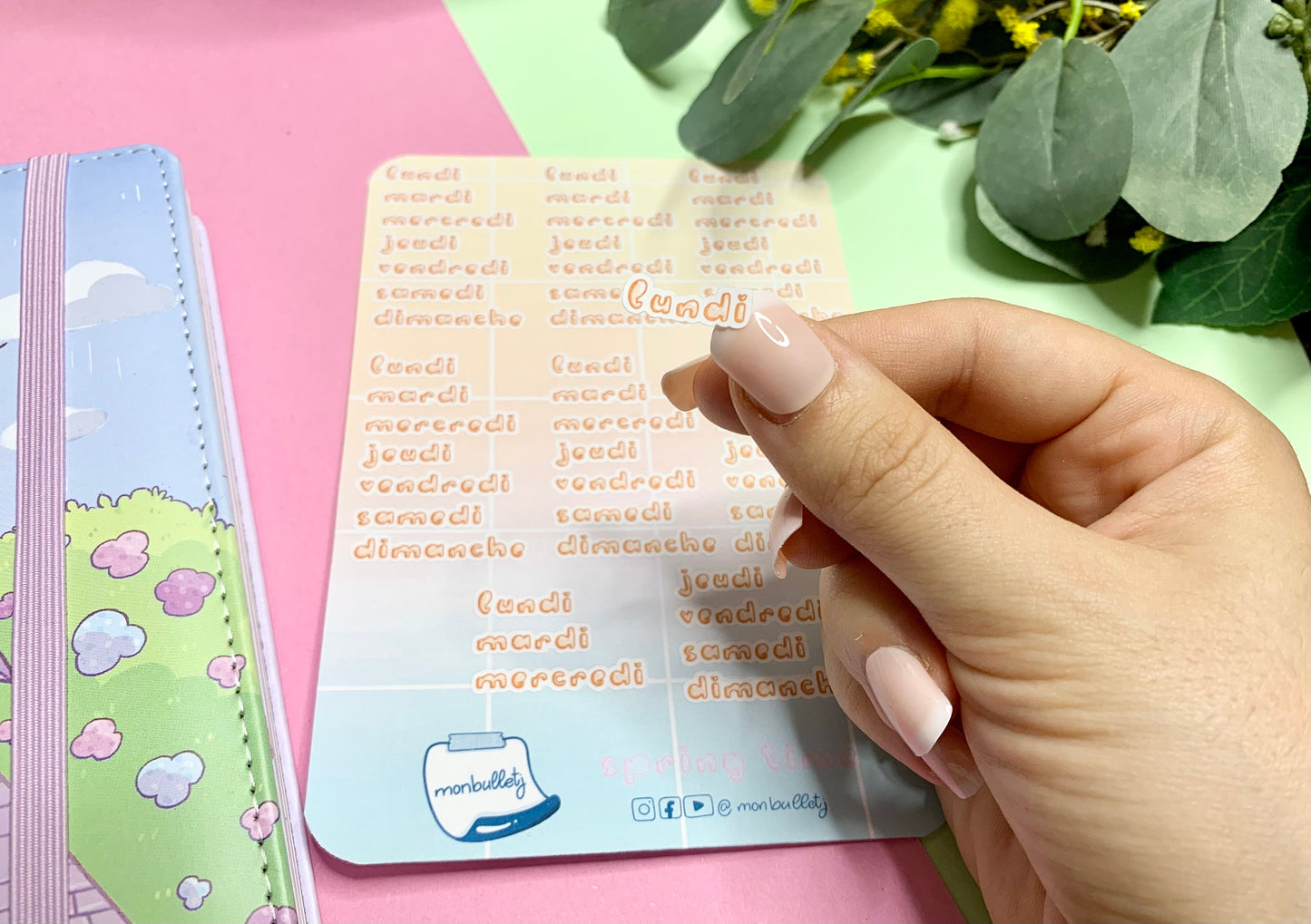 Feuille d’autocollants / stickers jours de la semaine français mat ( bullet ,journaling , déco , scrap , planner, agenda, …etc)