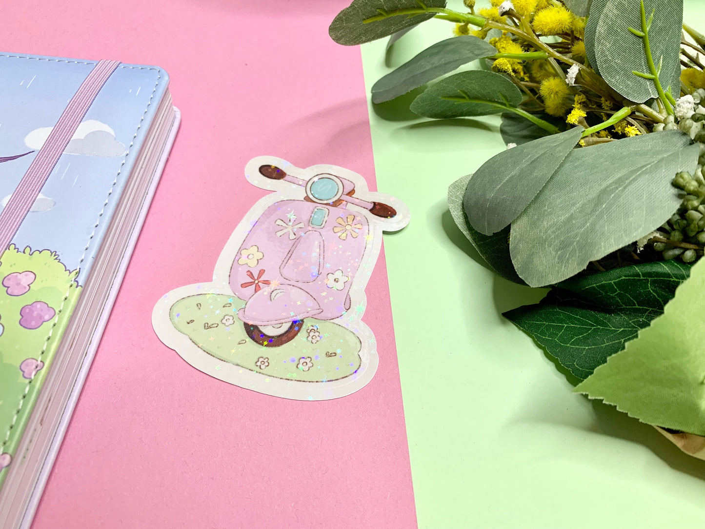 Die-cut / Autocollants stickers holographique scooter à fleurs ( bullet ,journaling , déco , scrap , …etc)