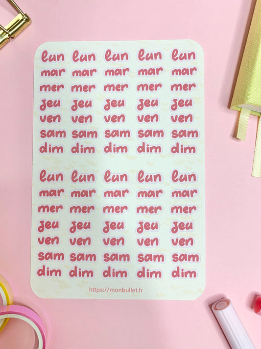 Feuille d’autocollants / stickers mat jours de la semaine « Valentine’s day » ( bullet ,journaling , déco , scrap , …etc)