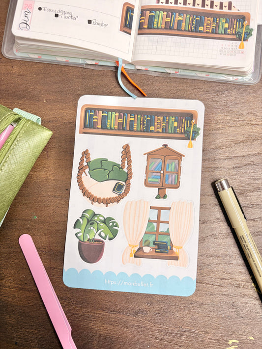 Feuille d’autocollants / stickers mat « Cosy & books » ( bullet ,journaling , déco , scrap , …etc)