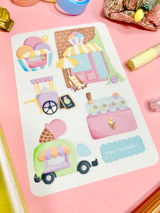 Feuille d’autocollants / stickers mat grands doodles « Dreamy ice cream » ( bullet ,journaling , déco , scrap , …etc)