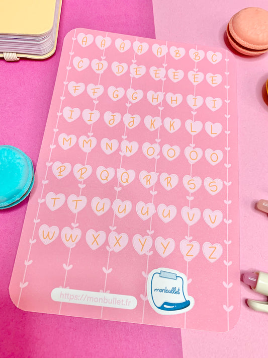 Feuille d’autocollants / stickers mat lettres coeur( bullet ,journaling , déco , scrap , …etc)