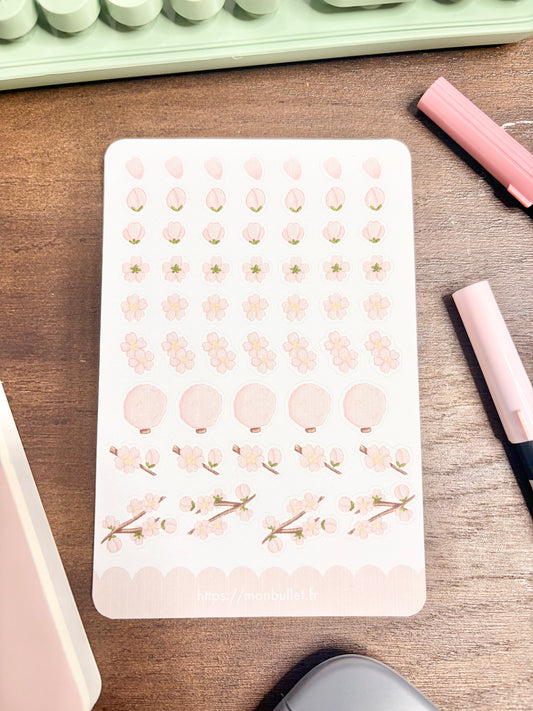 Feuille d’autocollants / stickers mat « Sakura & Corndog » ( bullet ,journaling , déco , scrap , …etc)