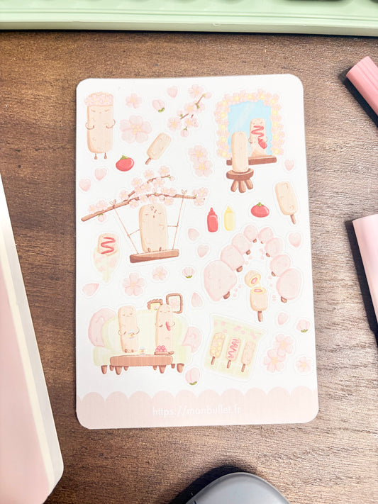 Feuille d’autocollants / stickers mat « Sakura & corndog » ( bullet ,journaling , déco , scrap , …etc)
